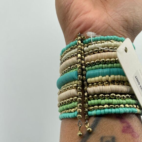 Icon Collection Boho Teal Cream Heishi Bead Multi-Layer Wrap Cuff Bracelet NWT - Picture 5 of 7